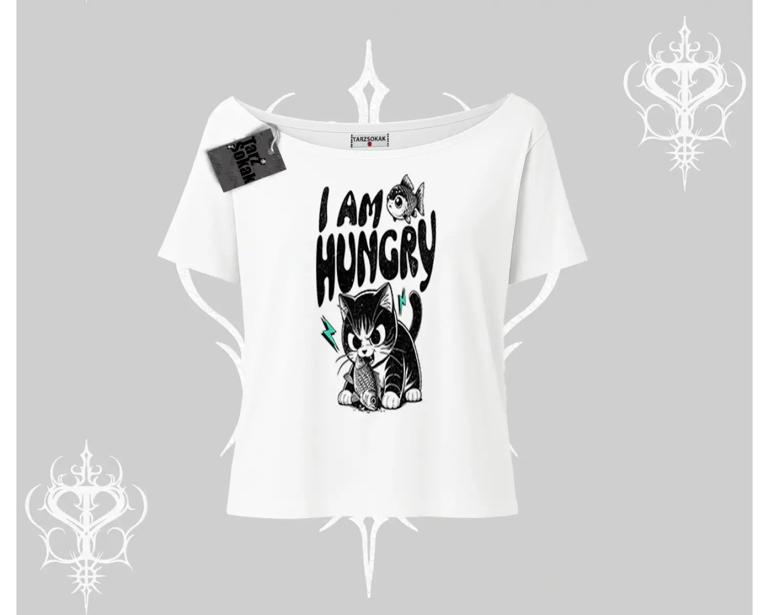 Am Hungry Kedi Baskılı Kayık Yaka Tshirt