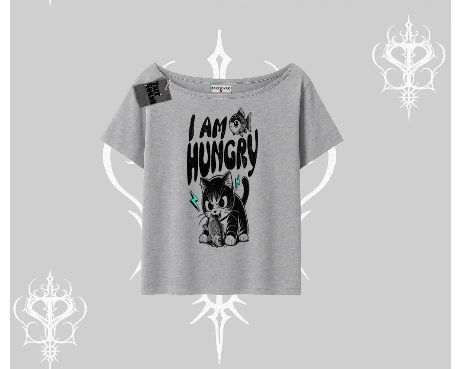 Am Hungry Kedi Baskılı Kayık Yaka Tshirt