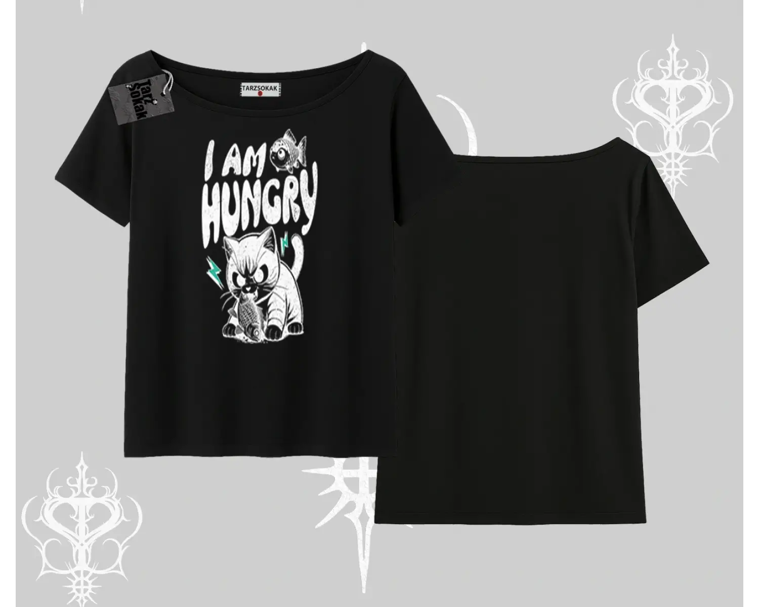Am Hungry Kedi Baskılı Kayık Yaka Tshirt