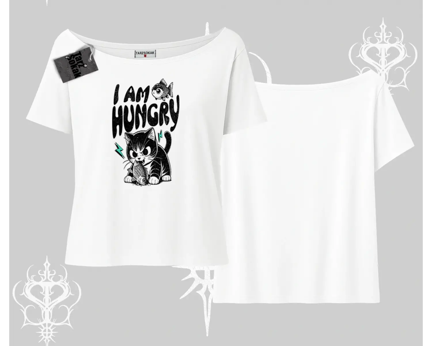 Am Hungry Kedi Baskılı Kayık Yaka Tshirt