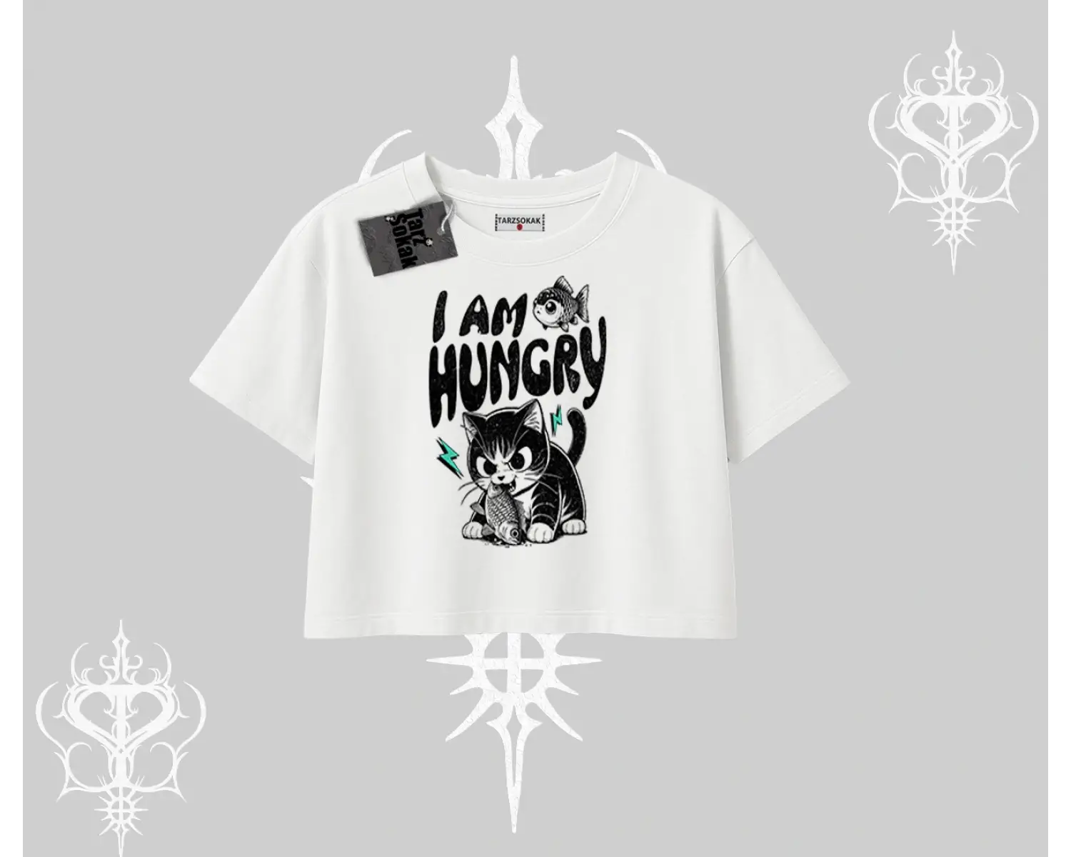 Am Hungry Kedi Baskılı Oversize Crop Tshirt