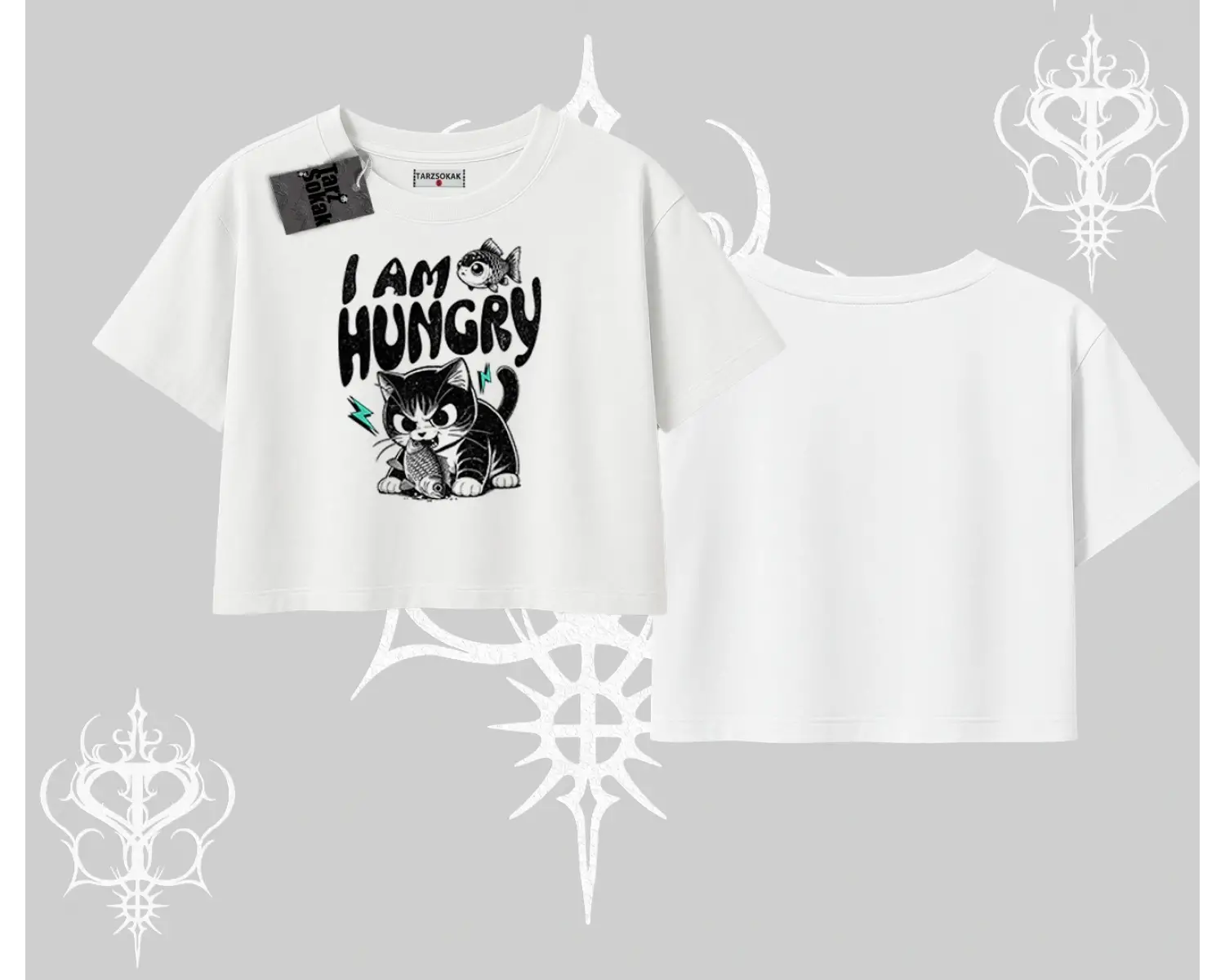 Am Hungry Kedi Baskılı Oversize Crop Tshirt