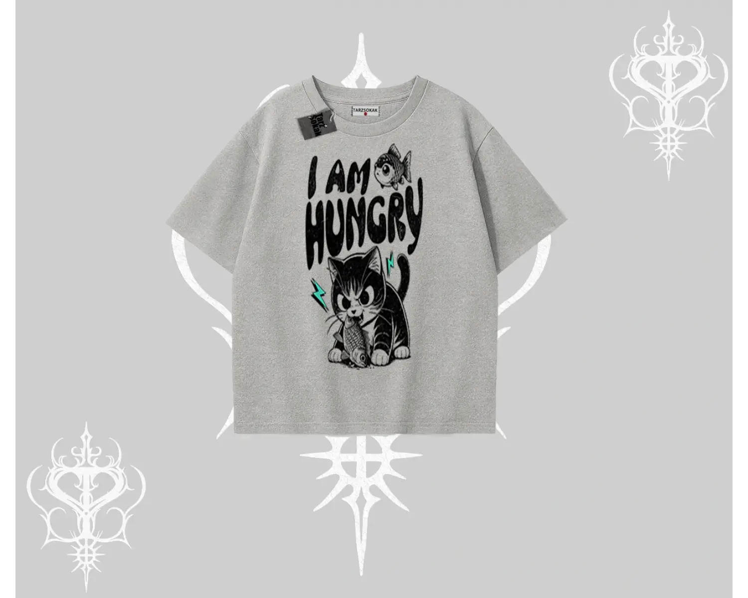 Am Hungry Kedi Baskılı Oversize Tshirt