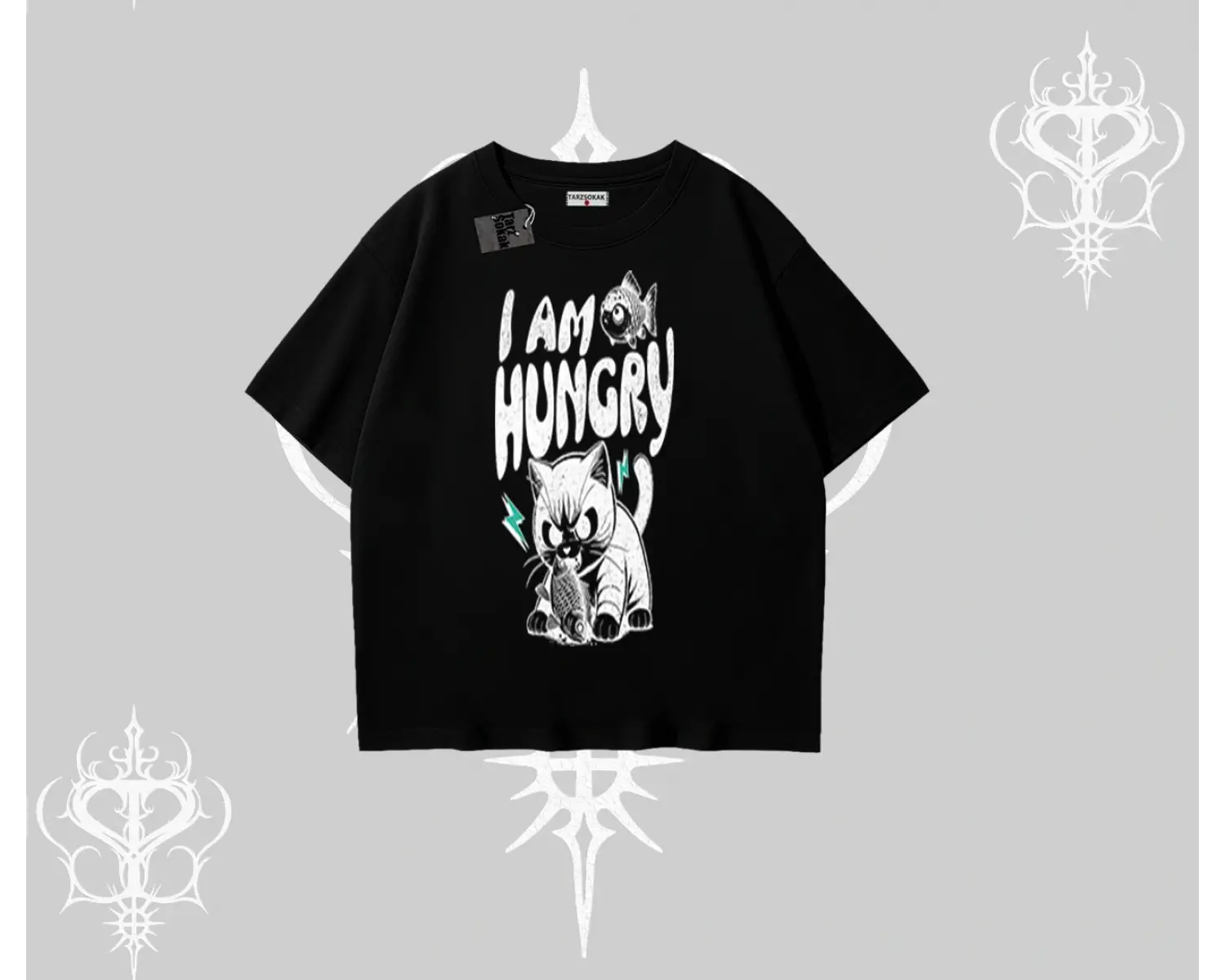 Am Hungry Kedi Baskılı Oversize Tshirt