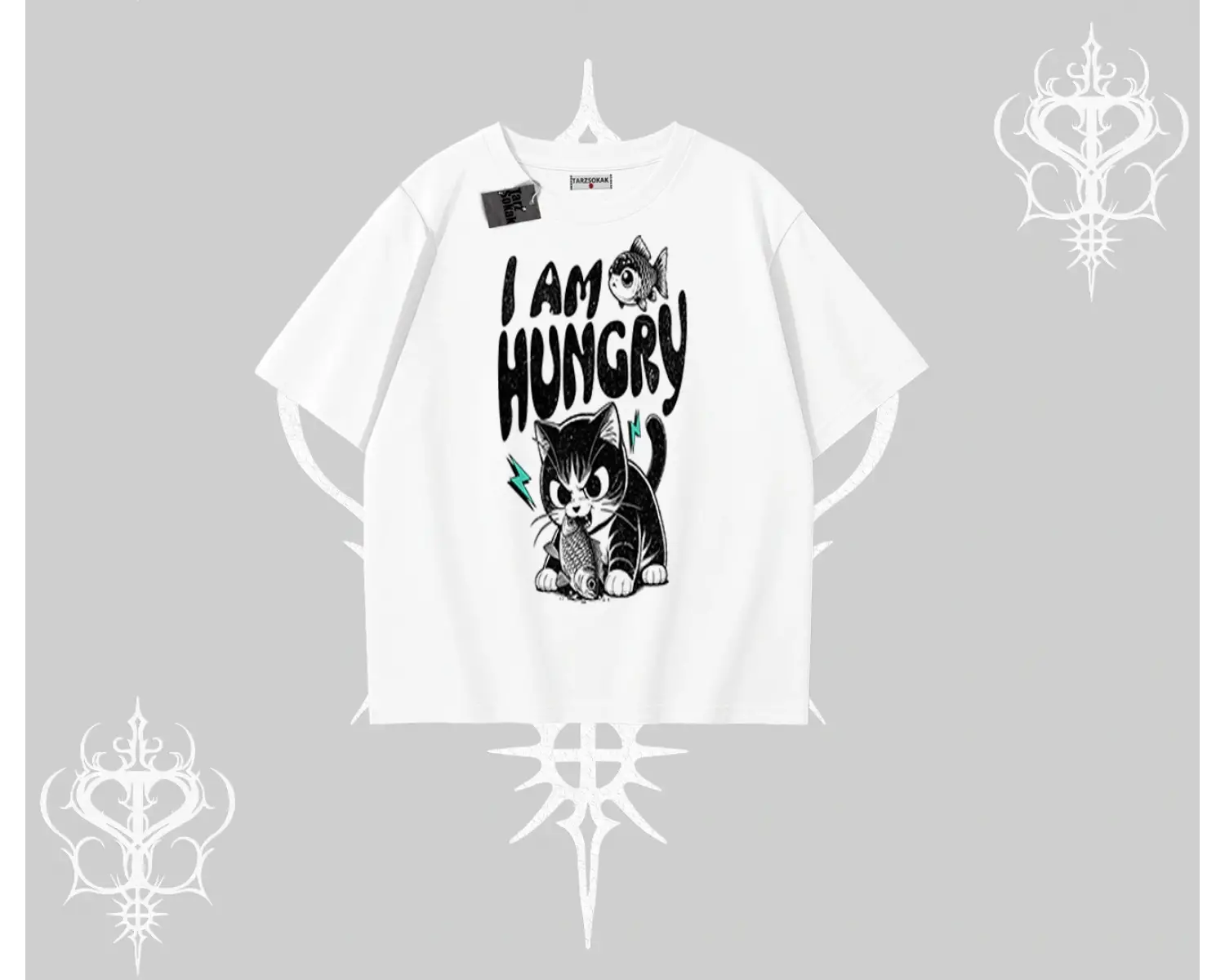 Am Hungry Kedi Baskılı Oversize Tshirt