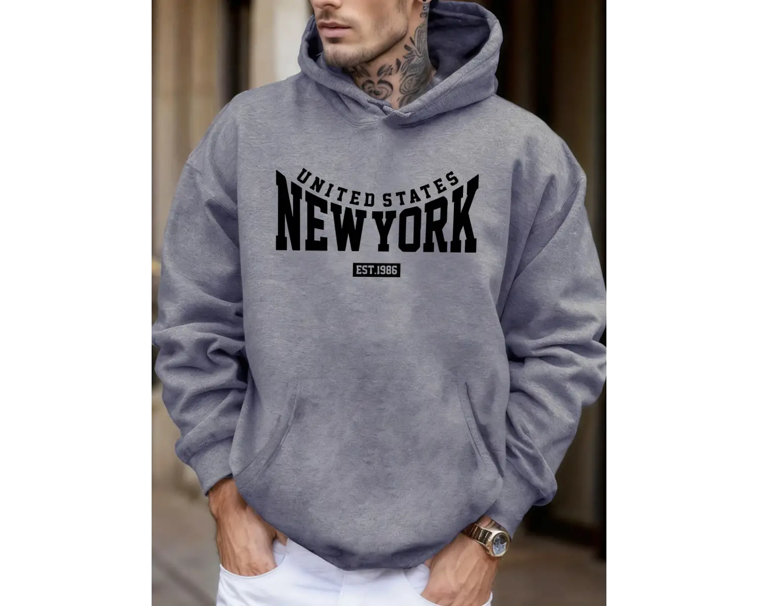 Amerika Birleşik Devletleri New York Est 1986 Baskılı Erkek Sonbahar Polar Kapşonlu Kazaklar