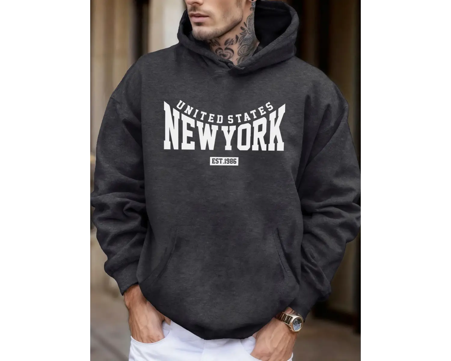 Amerika Birleşik Devletleri New York Est 1986 Baskılı Erkek Sonbahar Polar Kapşonlu Kazaklar