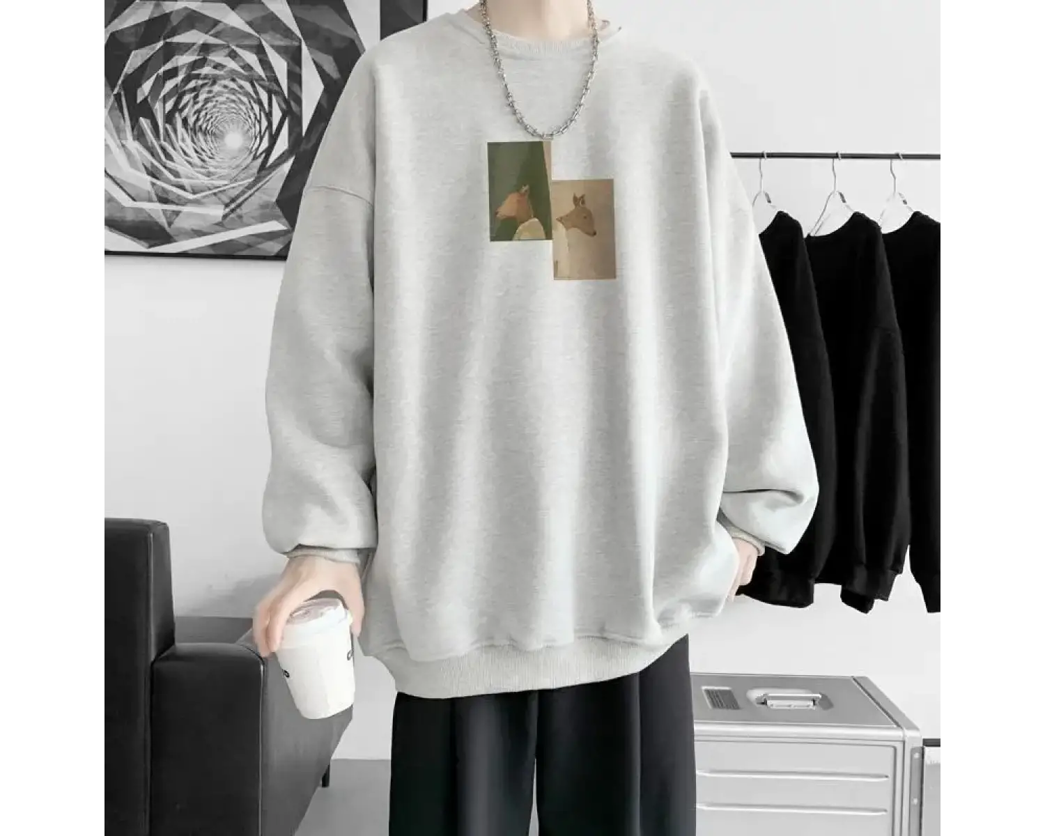 Amerikan Retro Moda Baskılı Uzun Kollu Tişört Erkek Trendy Yuvarlak Yaka Kazak Gevşek ve Çok