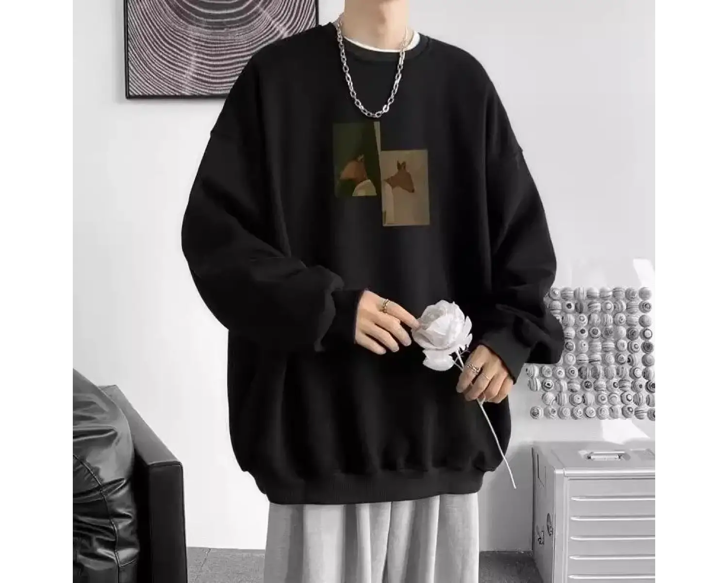 Amerikan Retro Moda Baskılı Uzun Kollu Tişört Erkek Trendy Yuvarlak Yaka Kazak Gevşek ve Çok