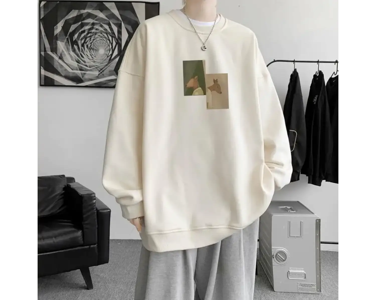 Amerikan Retro Moda Baskılı Uzun Kollu Tişört Erkek Trendy Yuvarlak Yaka Kazak Gevşek ve Çok