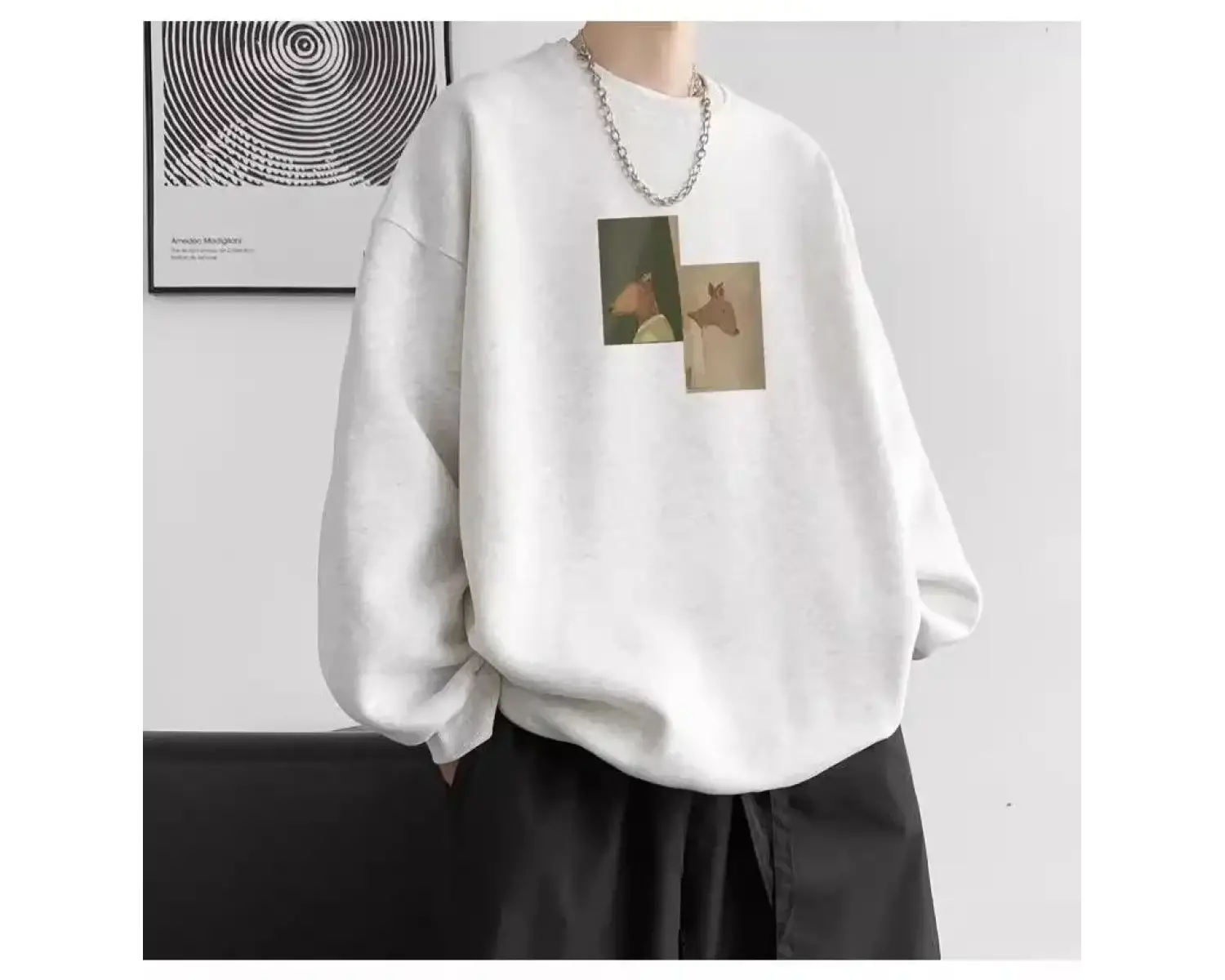 Amerikan Retro Moda Baskılı Uzun Kollu Tişört Erkek Trendy Yuvarlak Yaka Kazak Gevşek ve Çok