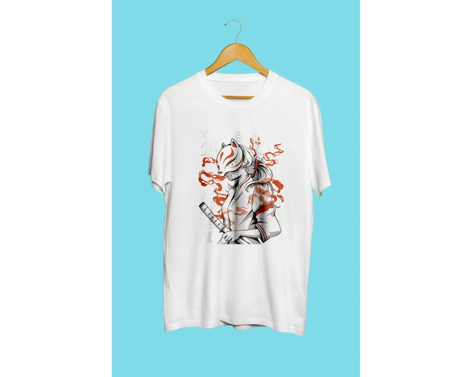 Anime Demon Slayer Maskeli Kedi Tasarım Baskılı Unisex Tişört
