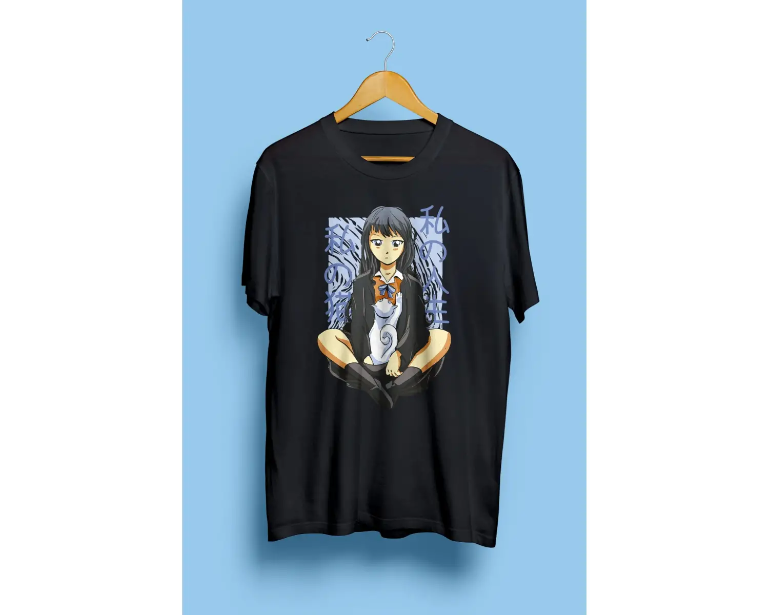 Anime Genç Kız Ve Evcil Kedisi Tasarım Baskılı Unisex Tişört