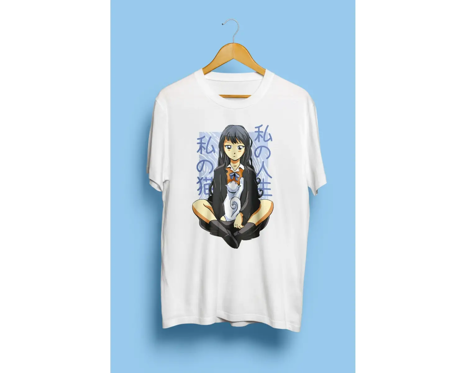 Anime Genç Kız Ve Evcil Kedisi Tasarım Baskılı Unisex Tişört