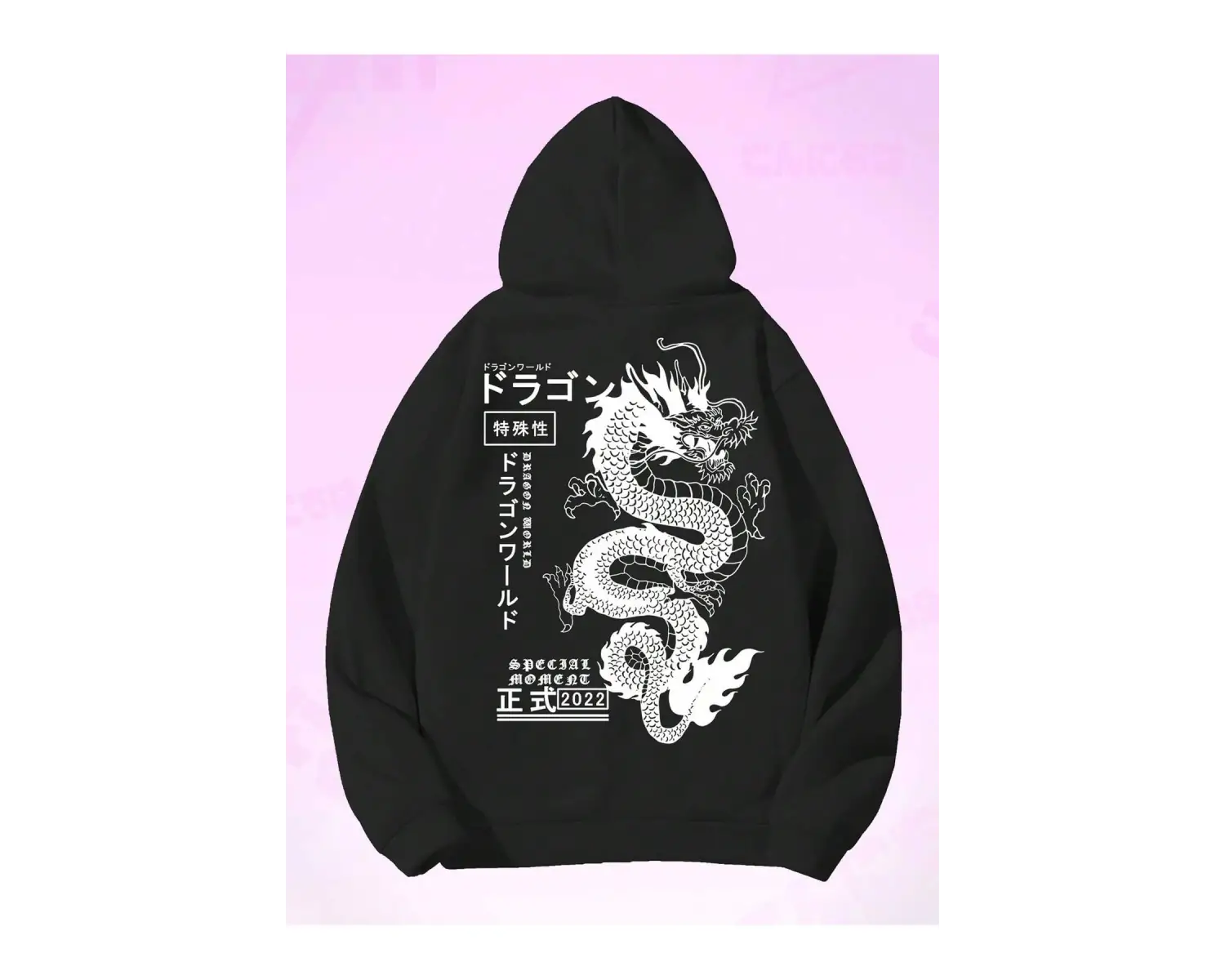 Anime Guys Dragon & Letter Graphic Drawstring Lined Hoodie Beyaz