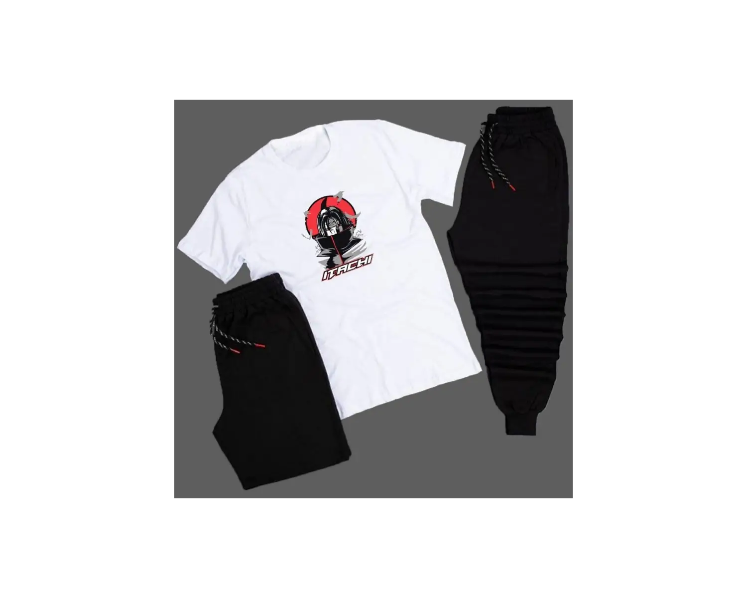 Anime Itachi Yazı Detaylı Baskılı Unisex Yazlık Şort - Normal Kalıp Tişört - Eşofman