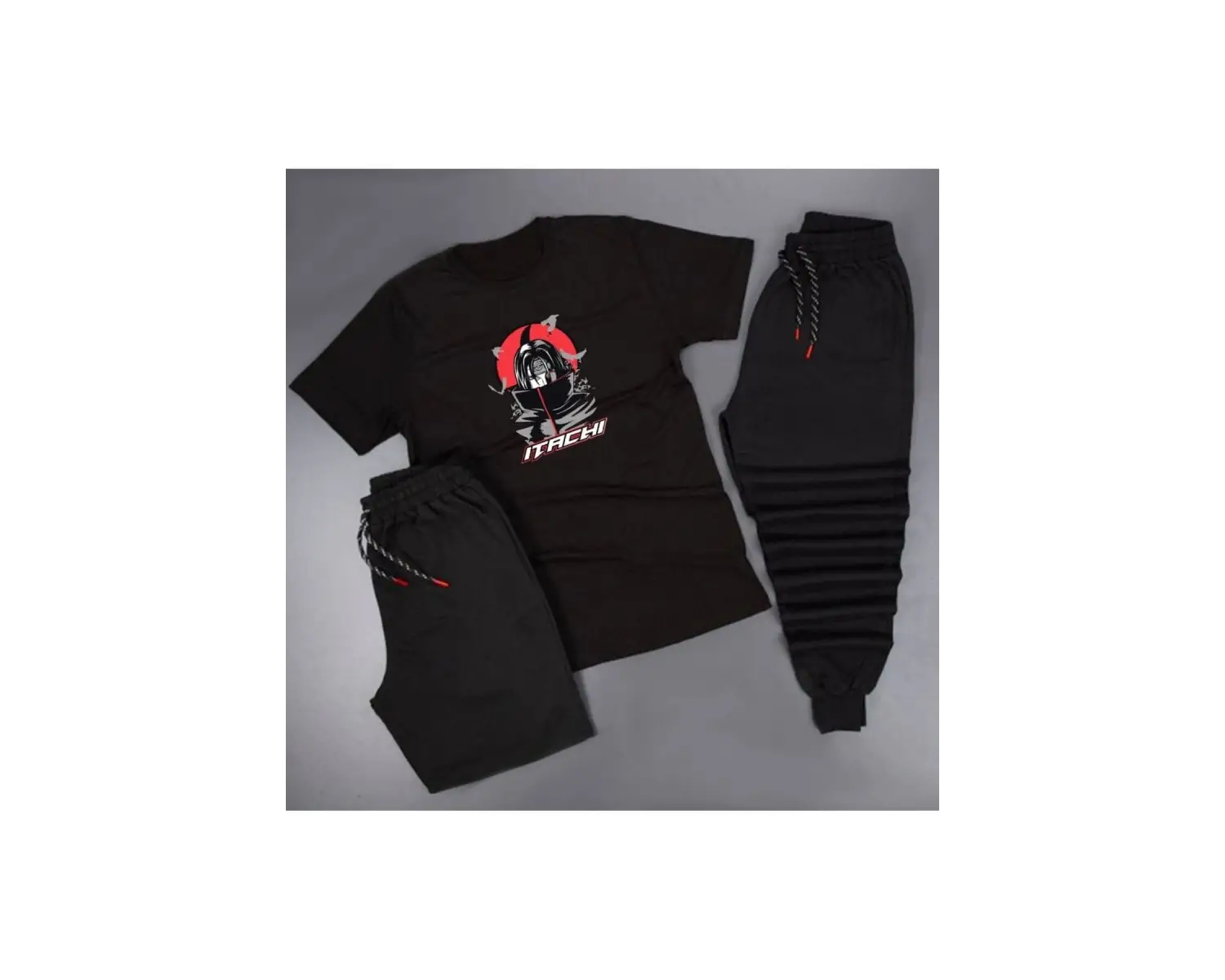 Anime Itachi Yazı Detaylı Baskılı Unisex Yazlık Şort - Normal Kalıp Tişört - Eşofman