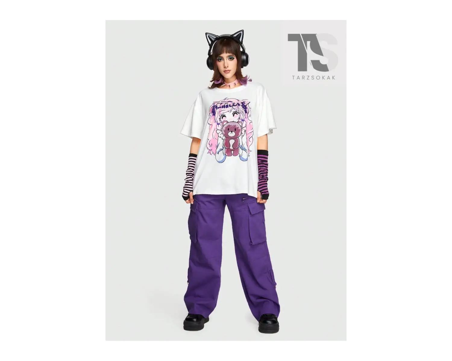 Anime Kadın Sevimli Büyük Boy Kısa Kollu Tişört Karikatür Kız Ve Ayı Baskı