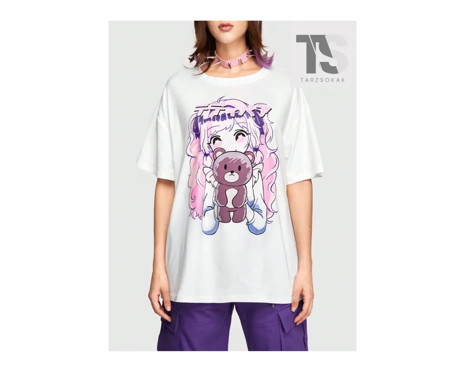 Anime Kadın Sevimli Büyük Boy Kısa Kollu Tişört Karikatür Kız Ve Ayı Baskı