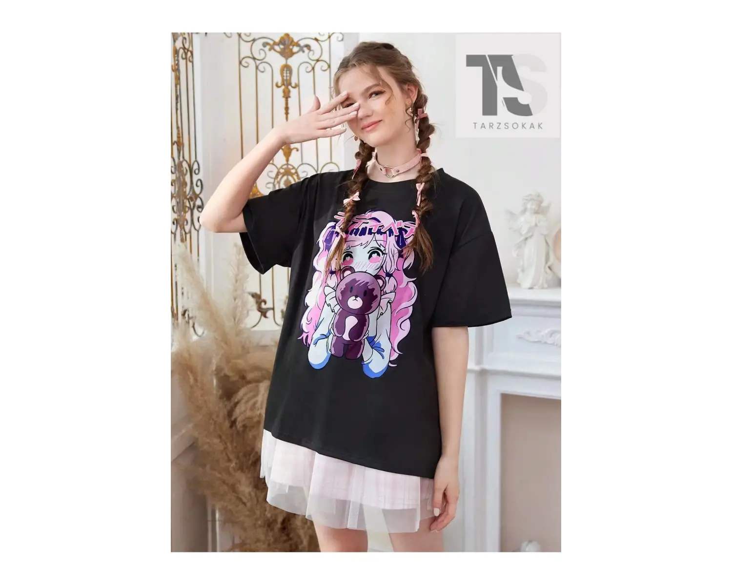 Anime Kadın Sevimli Büyük Boy Kısa Kollu Tişört Karikatür Kız Ve Ayı Baskı