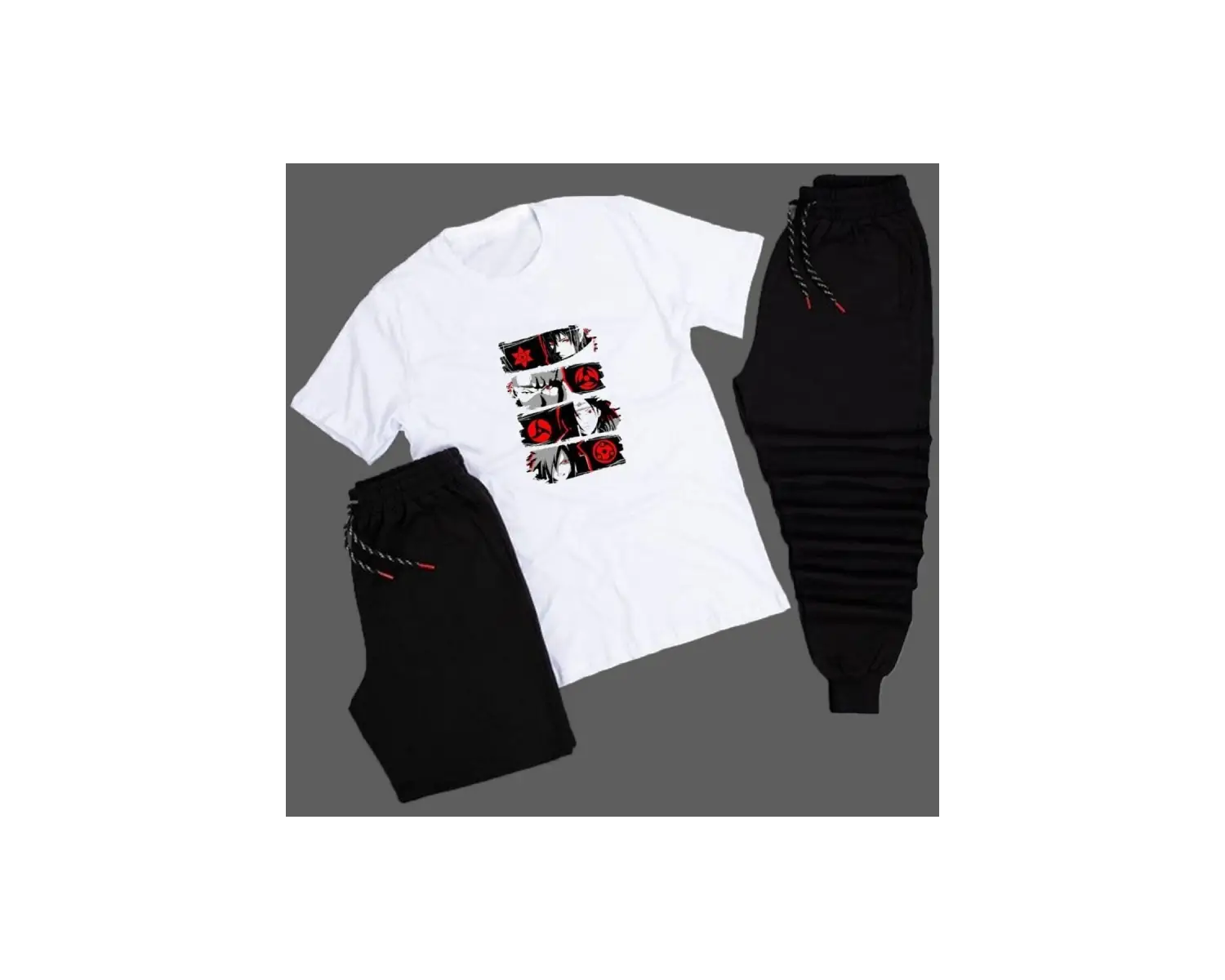 Anime Sharingan Baskılı Unisex Yazlık Şort - Normal Kalıp Tişört - Eşofman Altı Komb