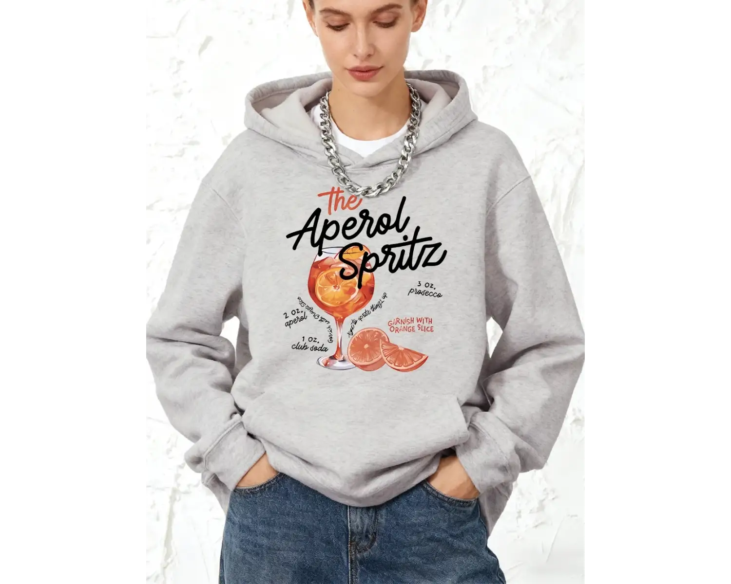 Aperol Spritz Kokteyl Baskıları Kapüşonlular Pamuklu Kadın Koşu Cep Kazak Sportif Bol Sweatsh