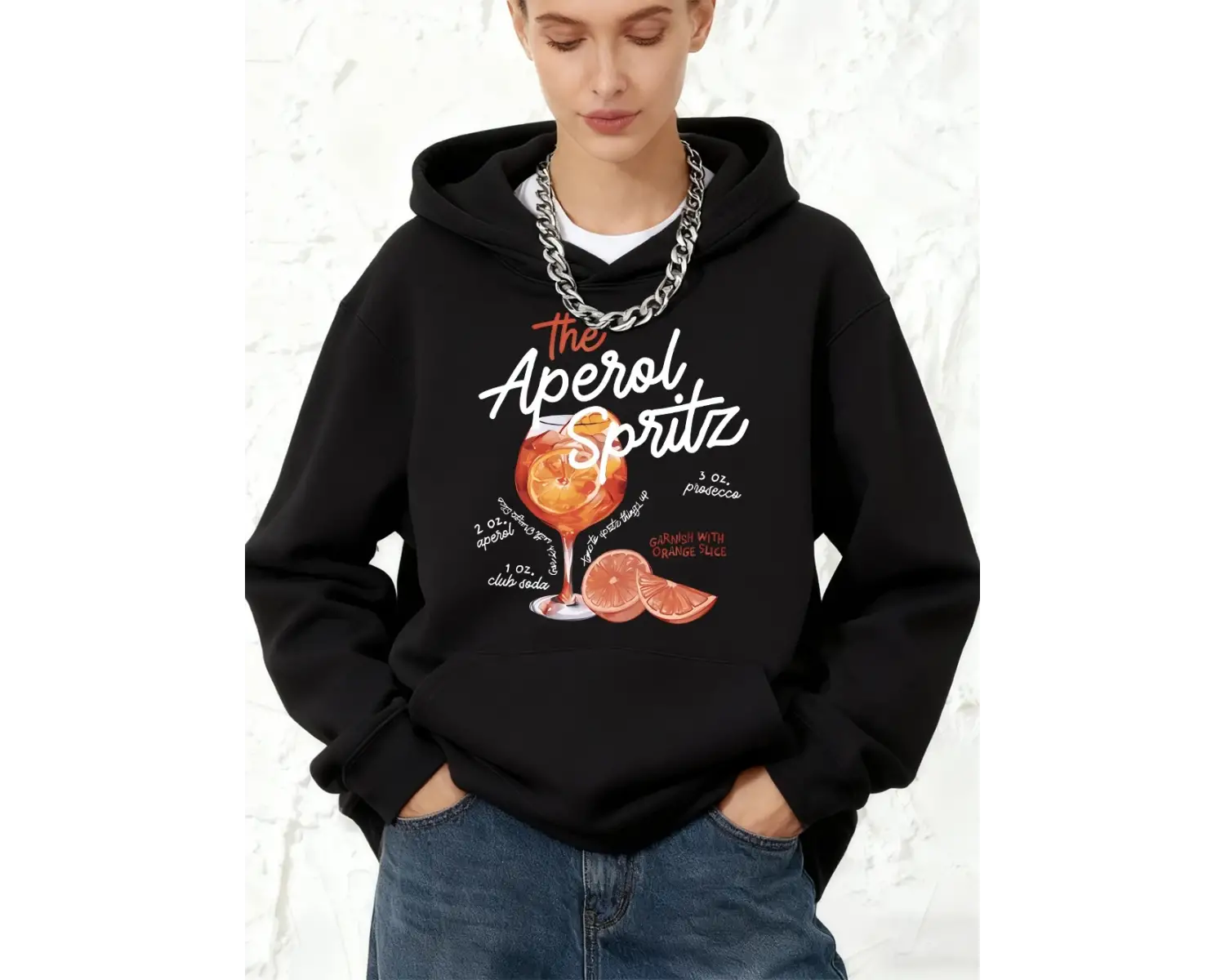 Aperol Spritz Kokteyl Baskıları Kapüşonlular Pamuklu Kadın Koşu Cep Kazak Sportif Bol Sweatsh