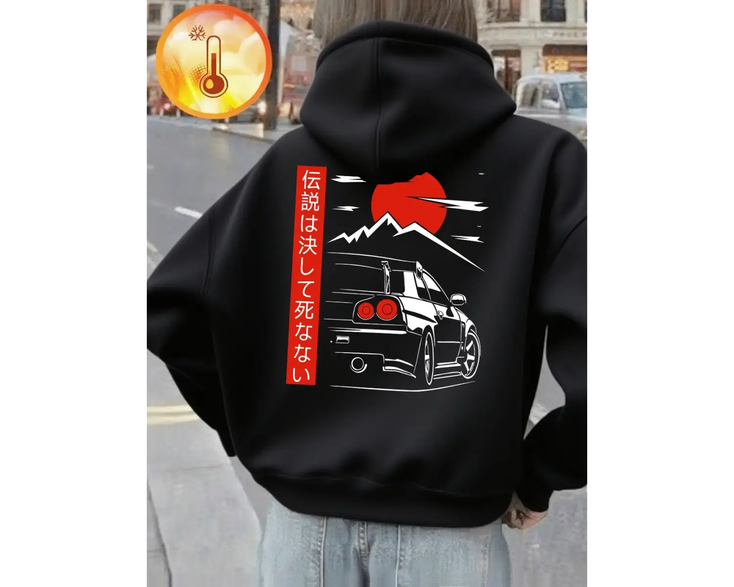 Araba Şafak Zamanında Gidiyor Baskılı Kapüşonlu Üst Kadın Günlük Bol Kazak Kışlık Polar Sıcak