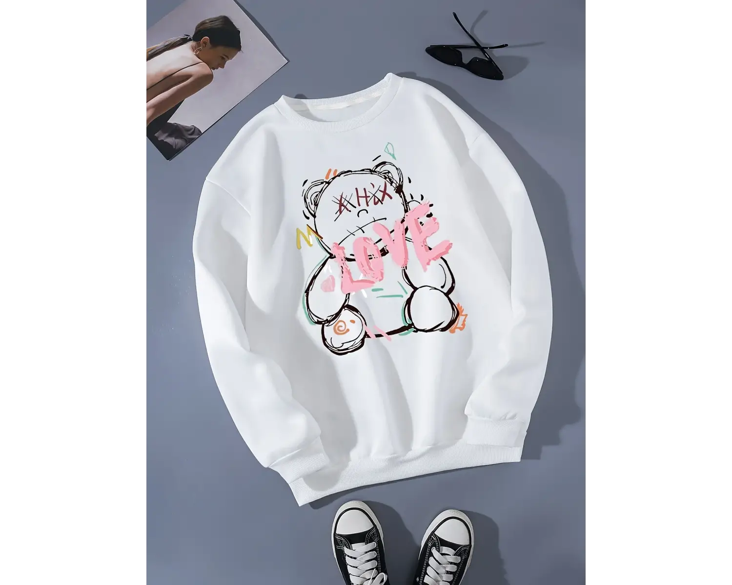 AŞK Teddy Bear Baskılar Kazak Bahar Kadın Rahat Rahat Kazak Sıcak Giyim Gevşek Crewneck Polar