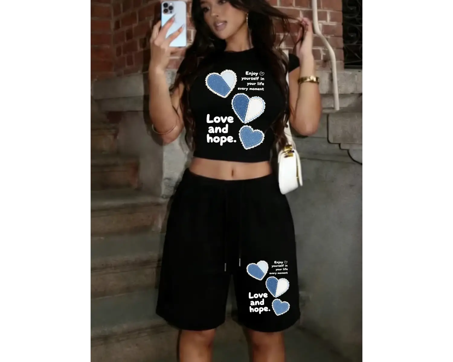 Aşk ve umut kalp baskı kırpma tişört pantolon yaz iki parçalı Set üstleri şort rahat o-boyun