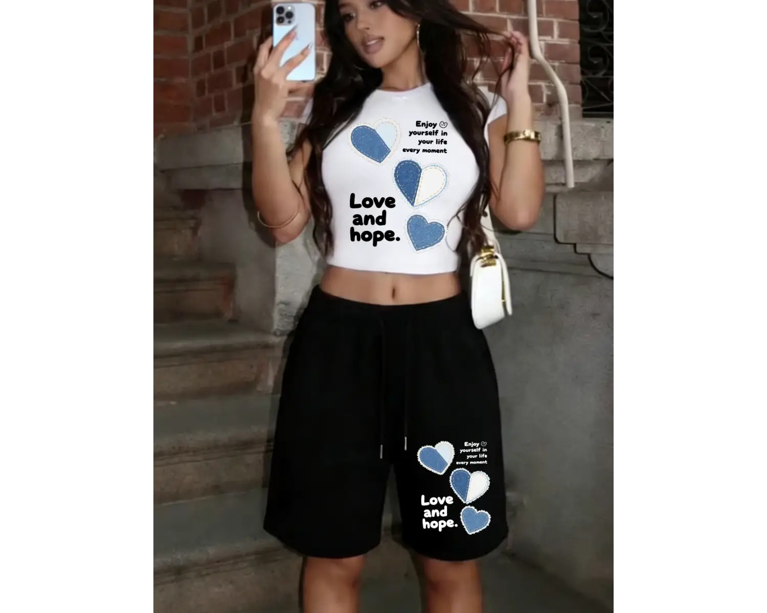 Aşk ve umut kalp baskı kırpma tişört pantolon yaz iki parçalı Set üstleri şort rahat o-boyun