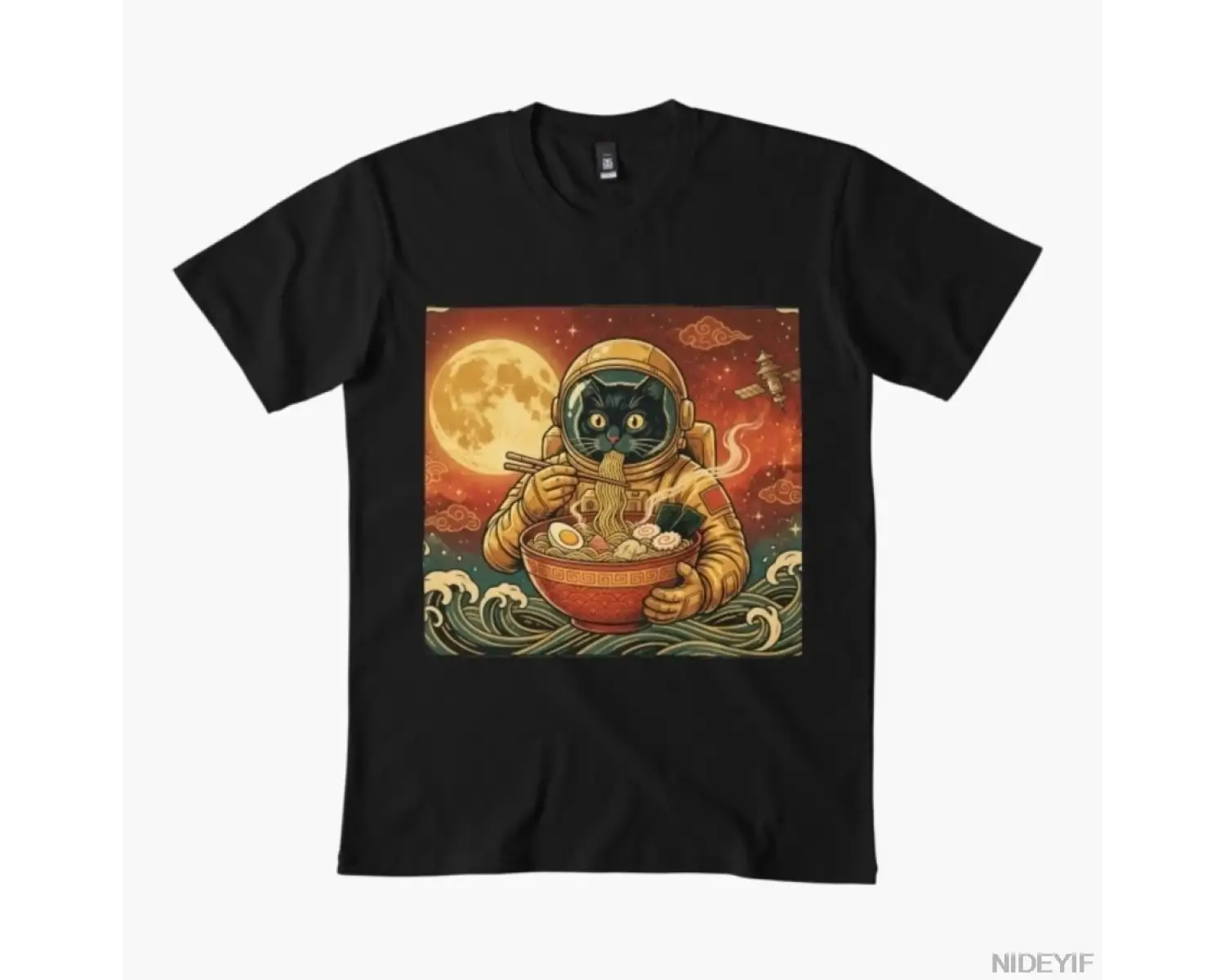 Astronot Kedi Ramen Ay Eriştesi Kedi Sevgilisi T-shirt Erkekler Kadınlar Için % 100% Pamuk T