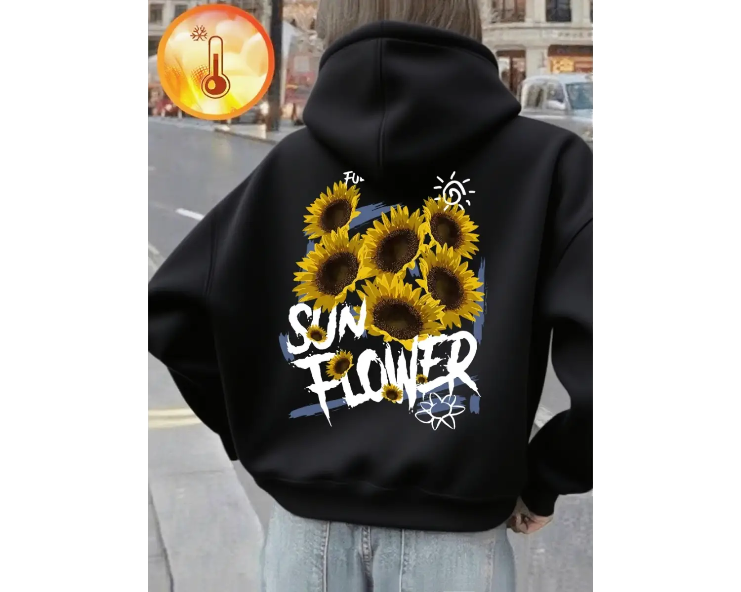 Ayçiçeği Baskılı Kapüşonlu Üstler Kadınlar İçin Kışlık Polar Sıcak Kazaklar Temel Cepli Sweat