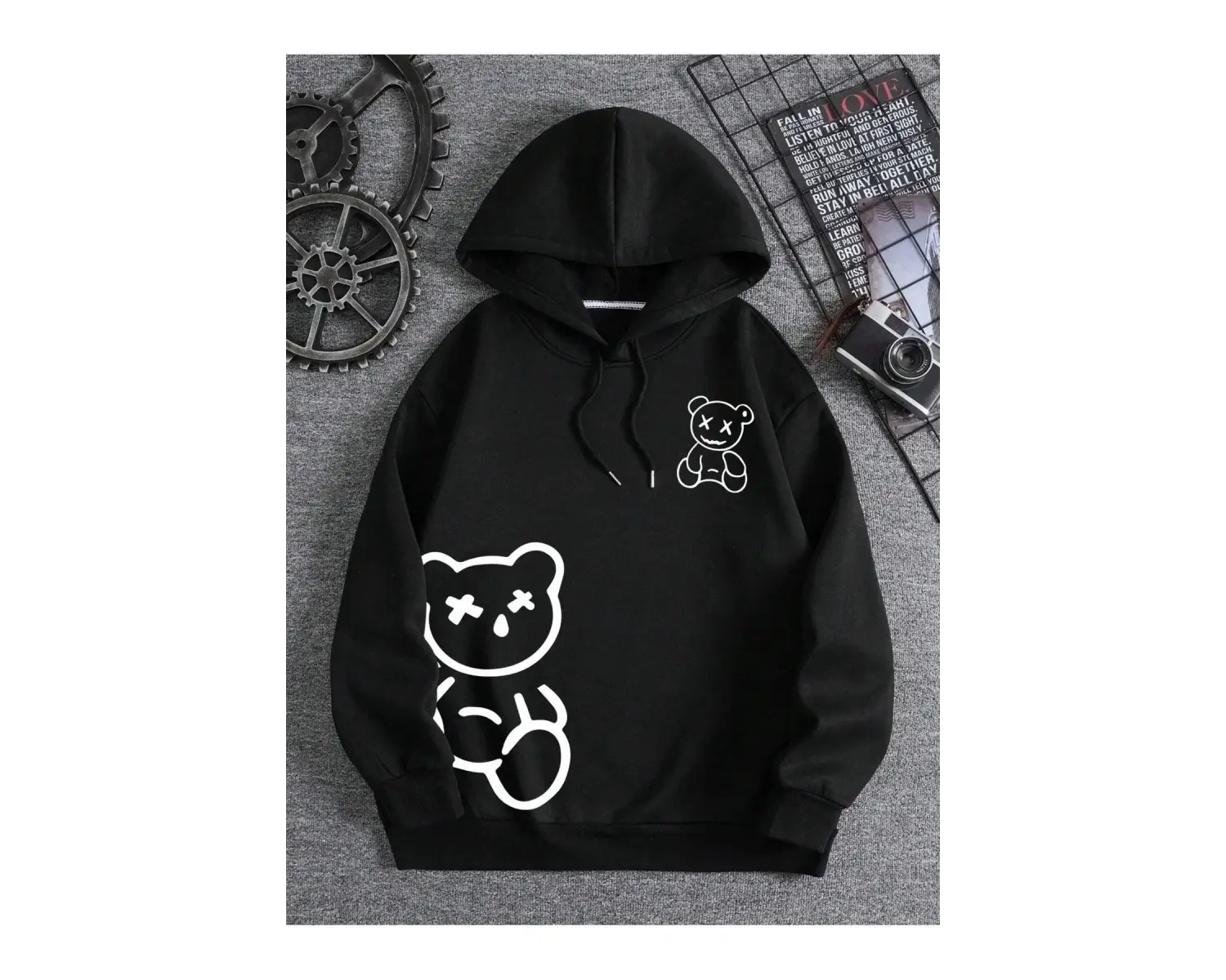 Ayıcık Baskılı 3 İplik Kapüşonlu Ünisex Oversize Sweatshirt Siyah