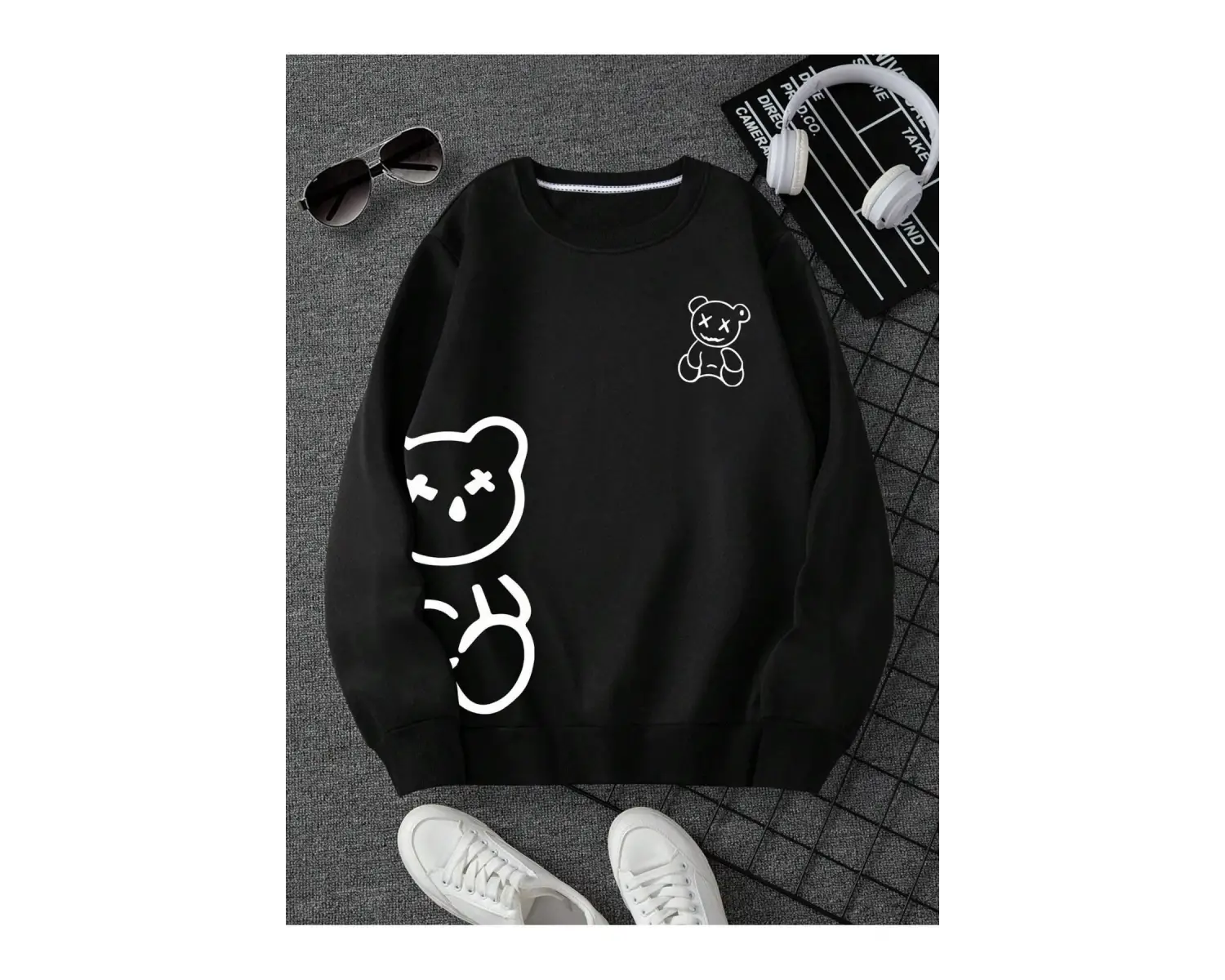 Ayıcık Baskılı Üç İplik Kalın Bisiklet Yaka Unisex Oversize Sweatshirt Siyah