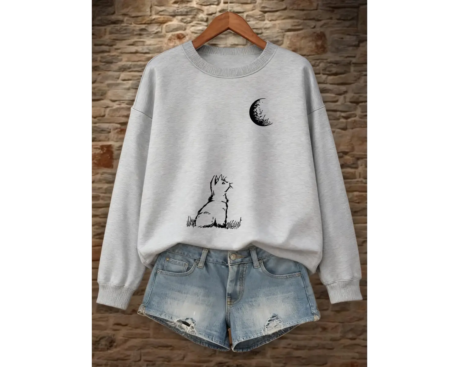 Ayışığına Bakan Kedi Baskılı Kadın Kışlık Polar Sıcak Kapüşonlu Sweatshirt Bol Yuvarlak Yaka