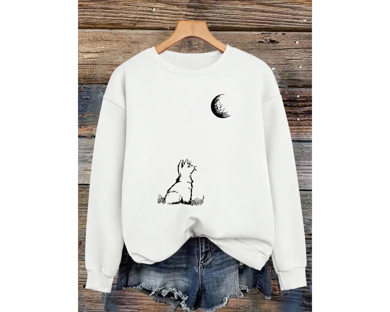 Ayışığına Bakan Kedi Baskılı Kadın Kışlık Polar Sıcak Kapüşonlu Sweatshirt Bol Yuvarlak Yaka