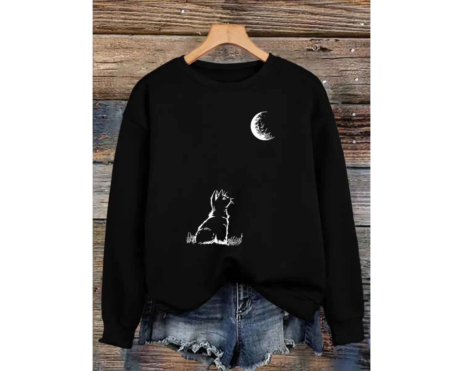 Ayışığına Bakan Kedi Baskılı Kadın Kışlık Polar Sıcak Kapüşonlu Sweatshirt Bol Yuvarlak Yaka