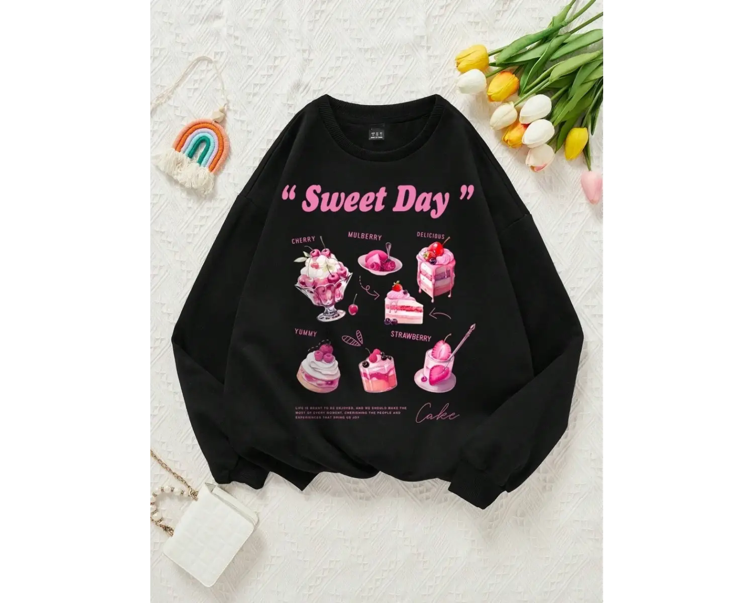 Bahar Rahat Sevimli Kadın Tişörtü Tatlı Gün Baskılı Kapüşonlular Polar Sıcak Kazak Sokak Crew