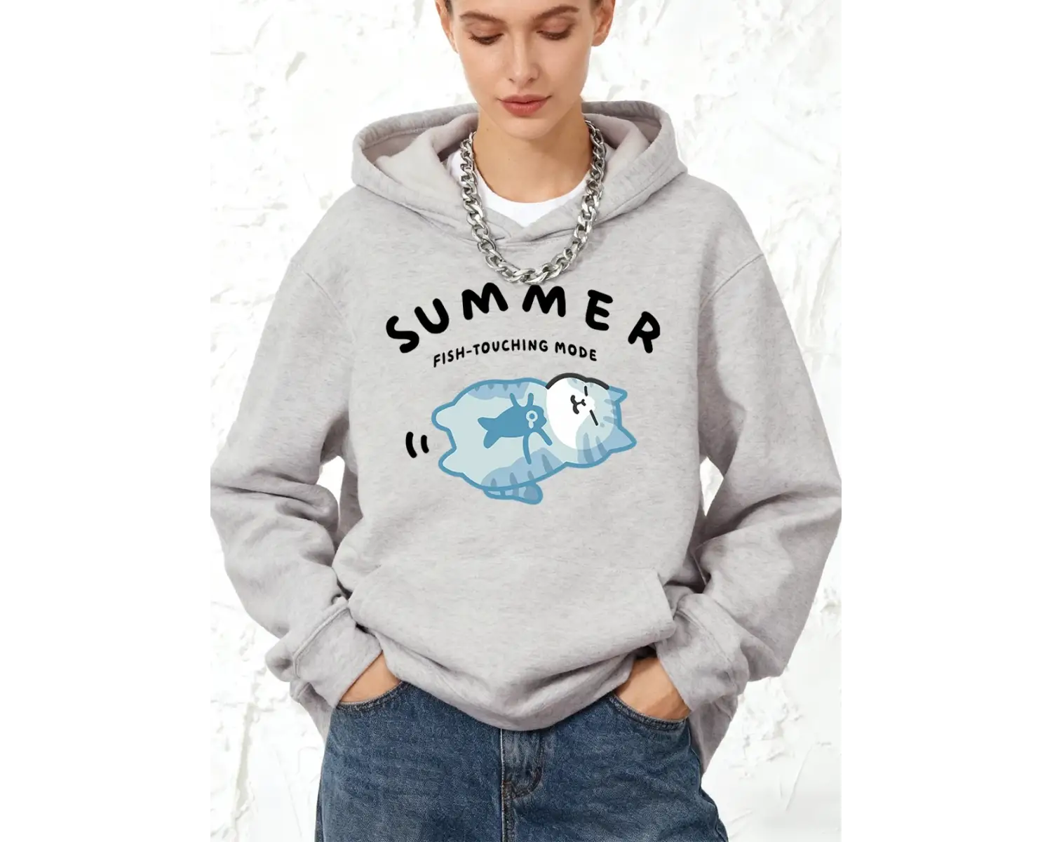 Balık Dokunaklı Mod Kedi Baskılı Kapüşonlu Üstler Pamuklu Kadın Kışlık Polar Kazak Cepli Eşof