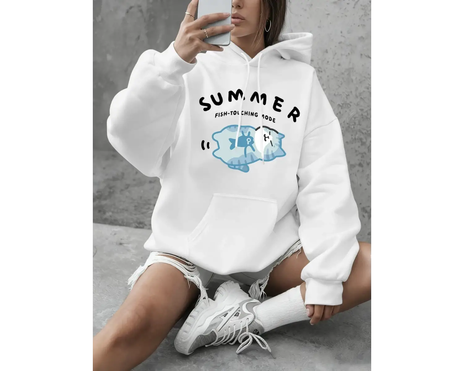 Balık Dokunma Modu Kedi Baskılı Kapüşonlu Üstler Kadınlar Kışlık Polar Sıcak Sweatshirtler Te