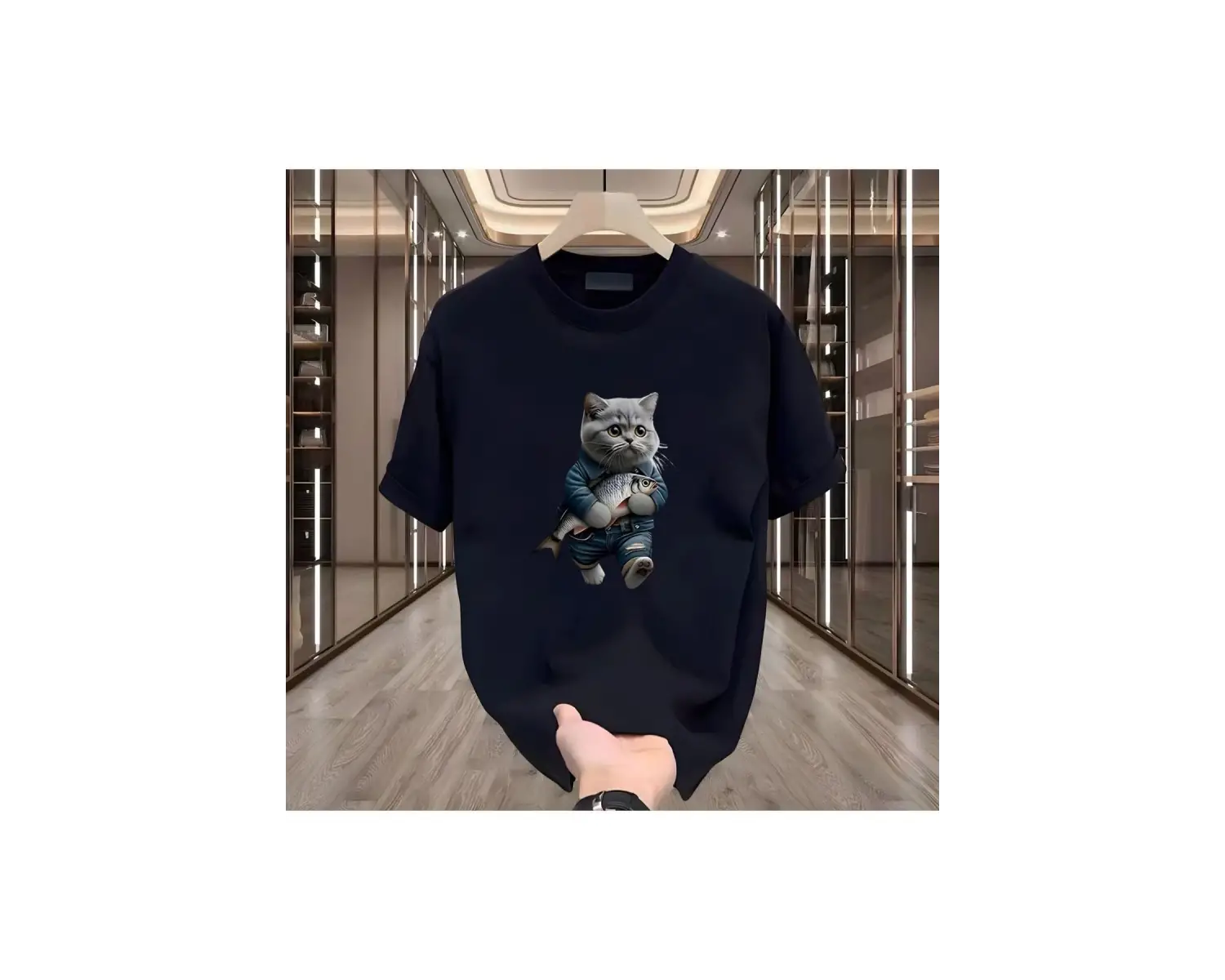 Balık Kedi Baskılı Beyaz Erkek