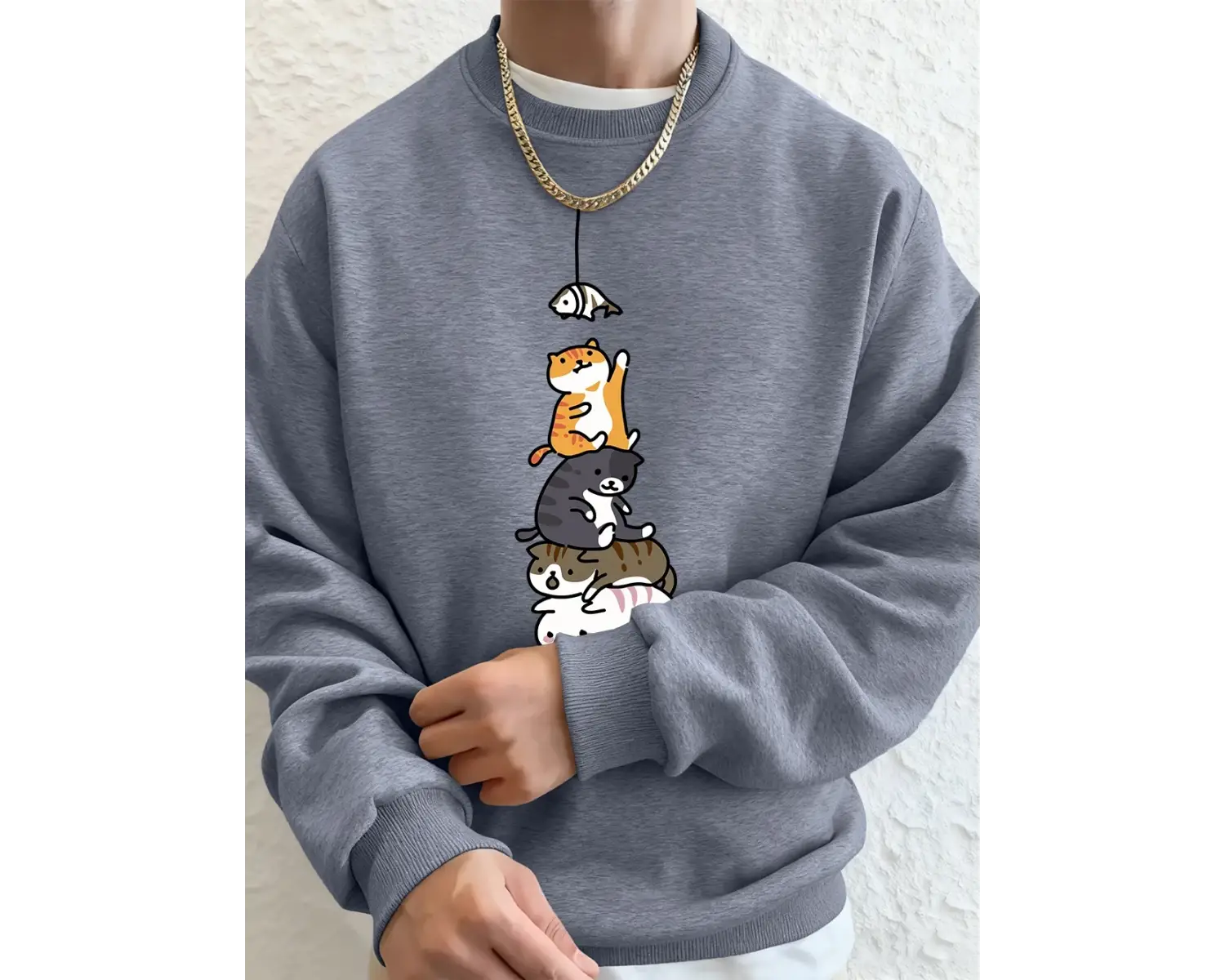 Balık Yakalayan Kediler Baskılı Erkek Kazak Kış Bisiklet Yaka Kapüşonlular Sokak Polar Sıcak