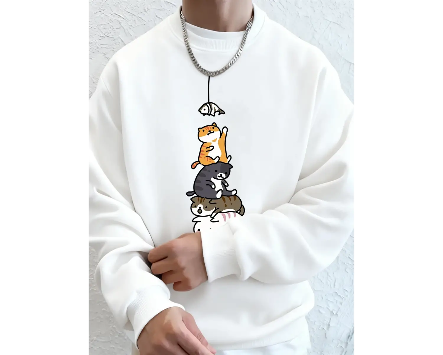 Balık Yakalayan Kediler Baskılı Erkek Kazak Kış Bisiklet Yaka Kapüşonlular Sokak Polar Sıcak