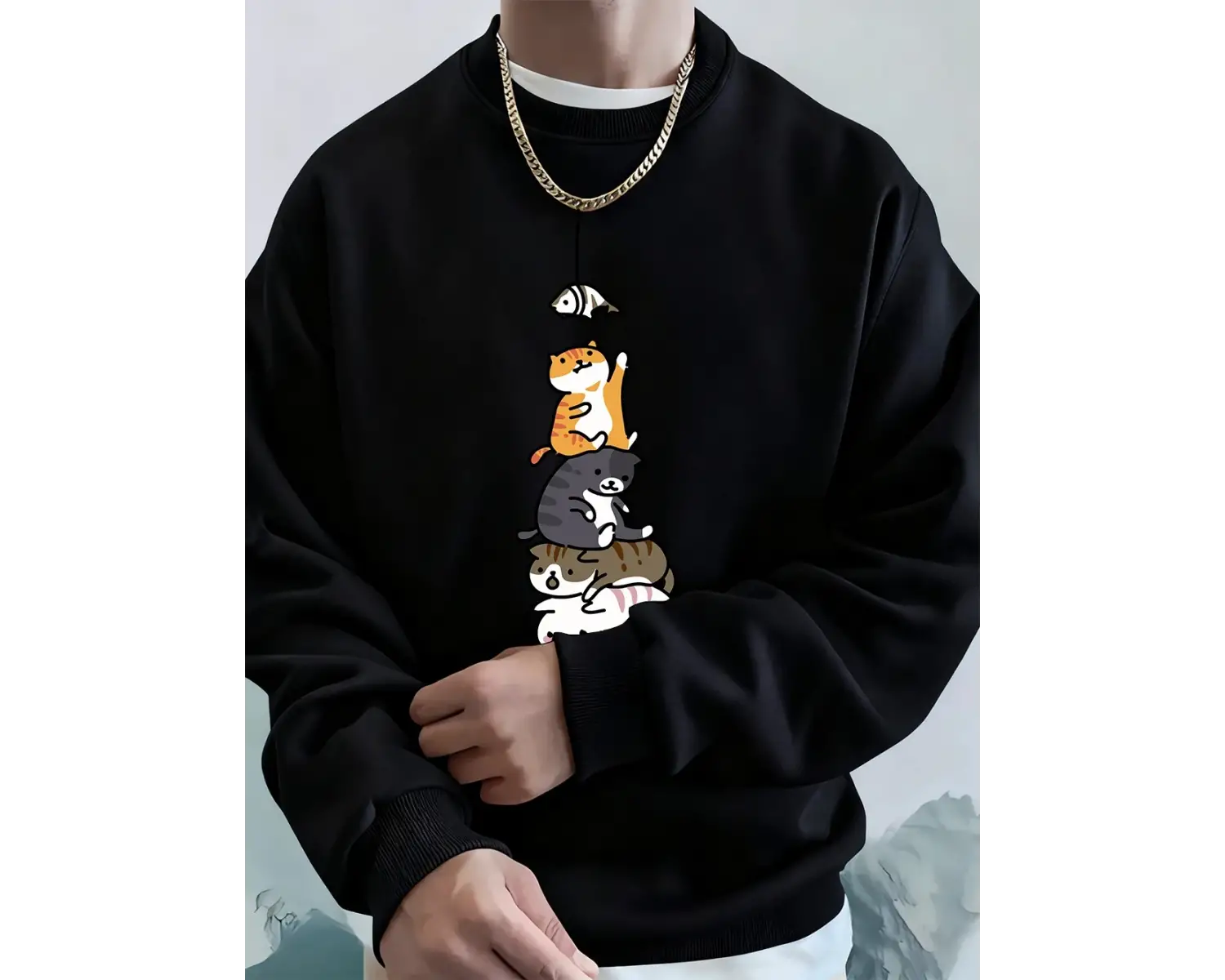 Balık Yakalayan Kediler Baskılı Erkek Kazak Kış Bisiklet Yaka Kapüşonlular Sokak Polar Sıcak