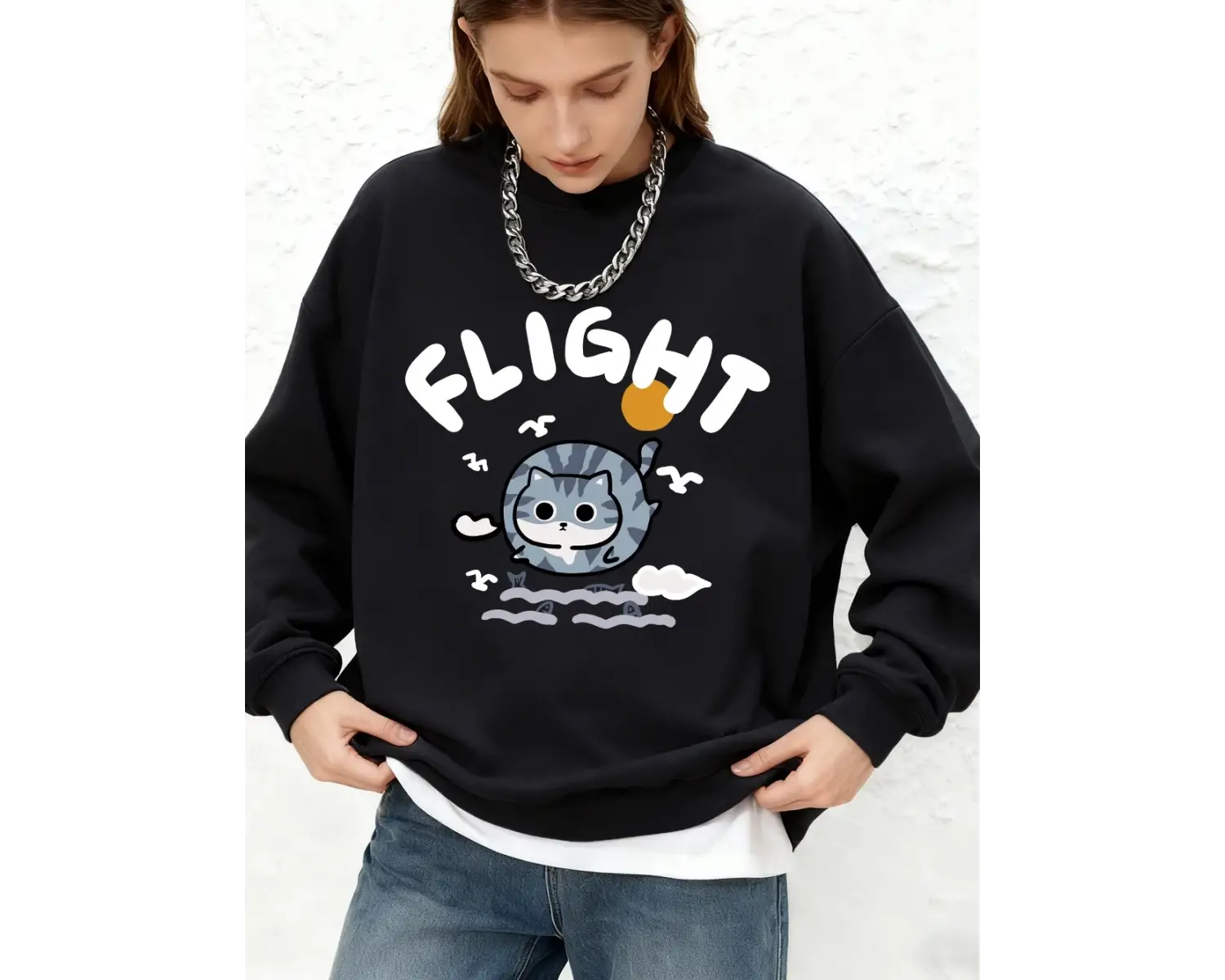 Balık yakalayan kediyle mücadele baskı kazak kadın rahat uzun kollu bisiklet yaka kapüşonlu ü