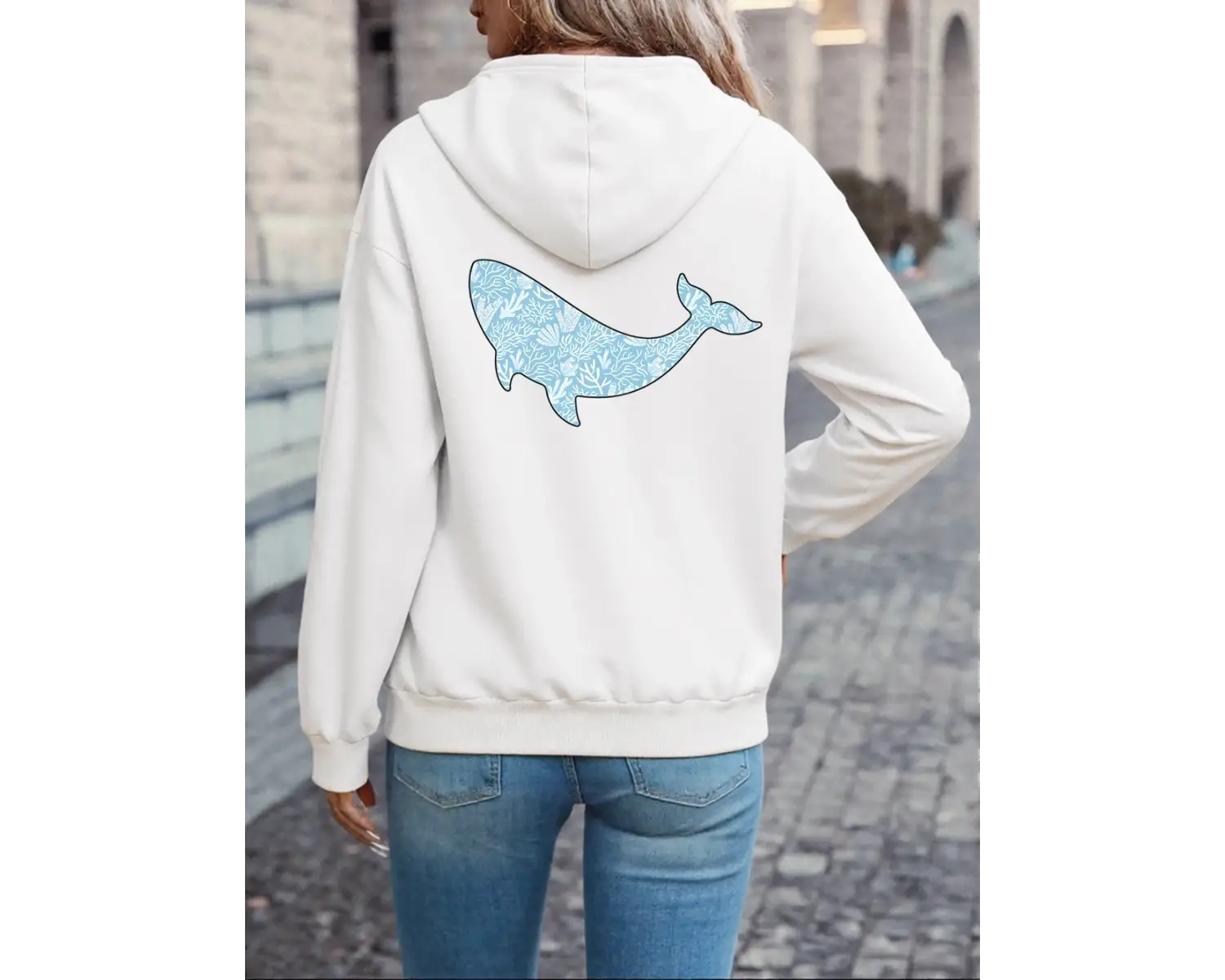 Balina Deniz Mercan Baskılar Hoodies Bayan Gevşek Cep Kazaklar Kış Polar Sıcak Tişörtü Temell