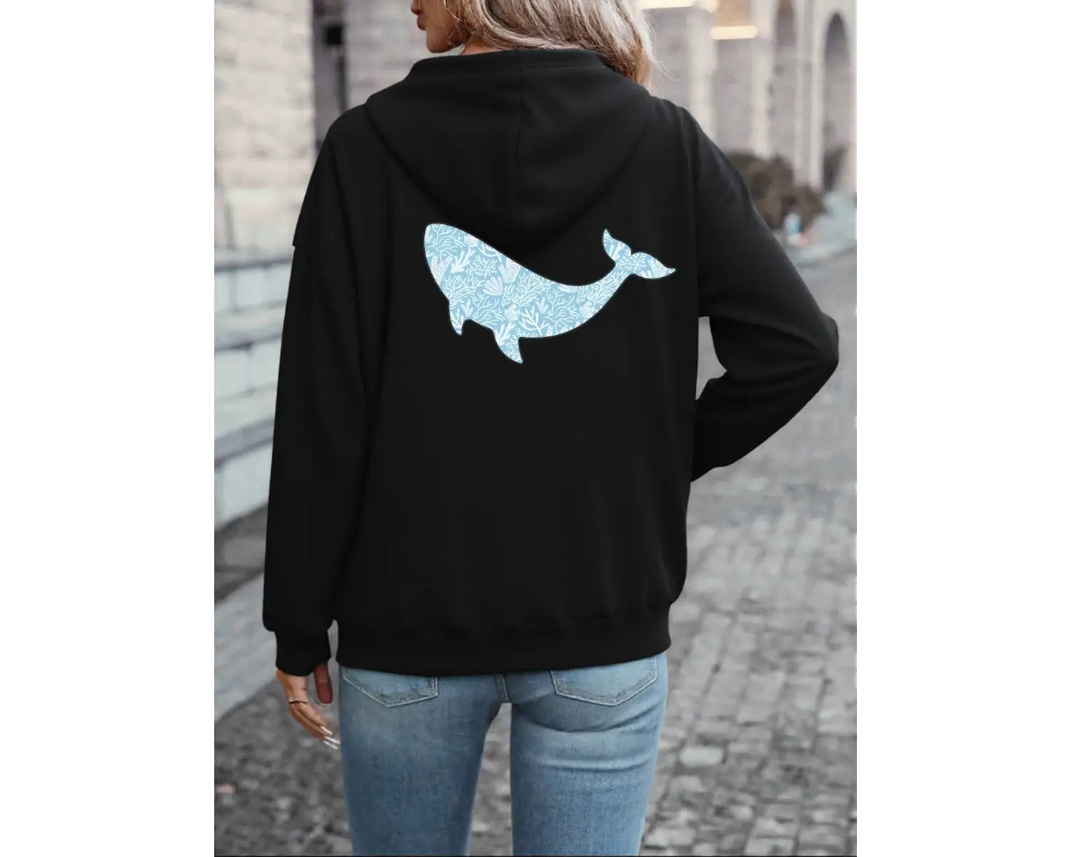 Balina Deniz Mercan Baskılar Hoodies Bayan Gevşek Cep Kazaklar Kış Polar Sıcak Tişörtü Temell