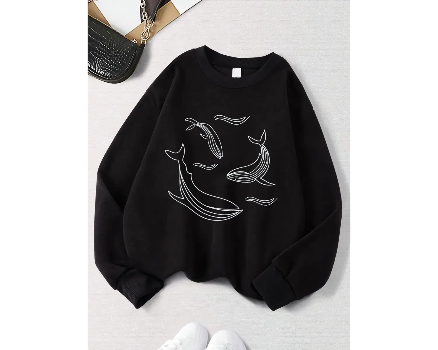 Balina Pod Basit Kroki Baskılar Tişörtü Kadın Crewneck Temelleri Kapüşonlular Gevşek Polar Sı