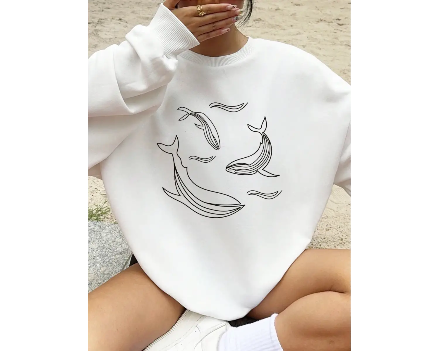 Balina Pod Basit Kroki Baskılar Tişörtü Kadın Crewneck Temelleri Kapüşonlular Gevşek Polar Sı